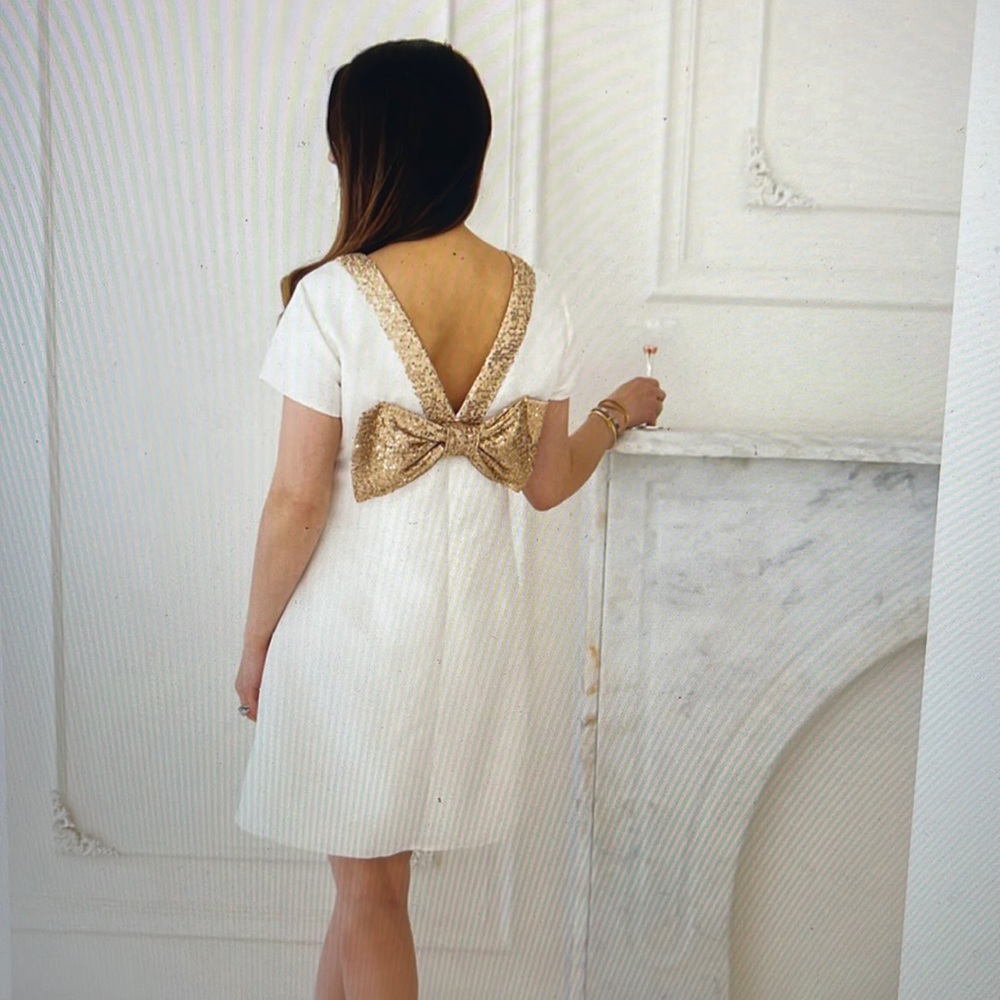 Winter white and gold Allie bow back dress
